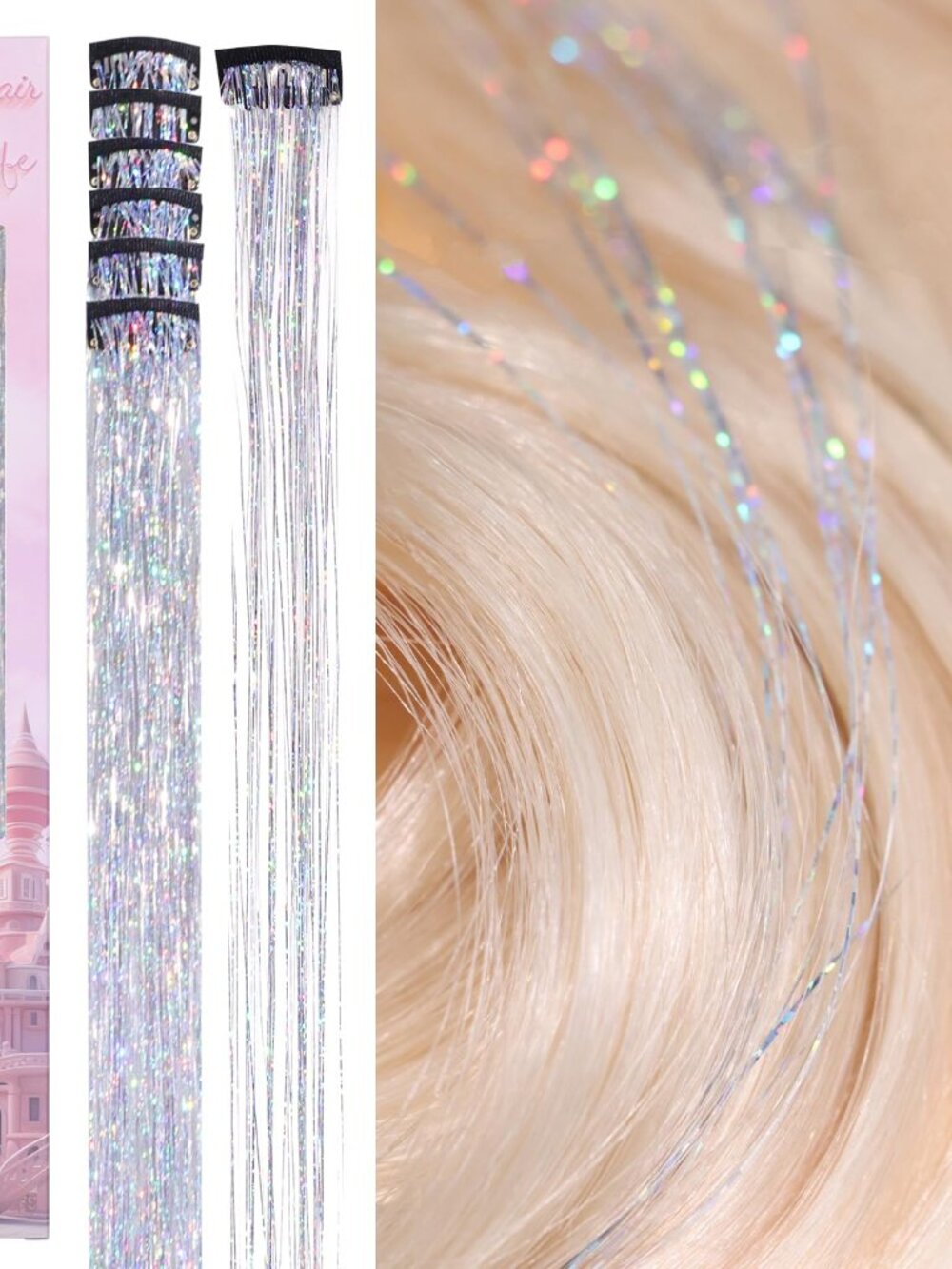 Hair Tinsel Clip In for Girls Silver, 6pcs 24 inch Clips Tinsel Hair Extensions